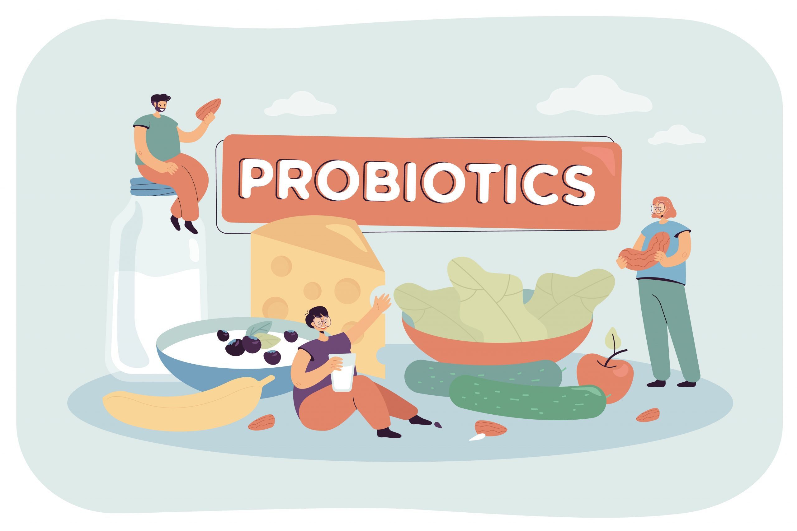 Tiny people on probiotics diet vector illustration