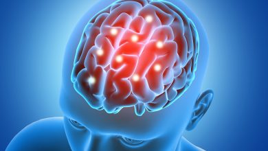 3d medical background with male figure with brain parts highlighted