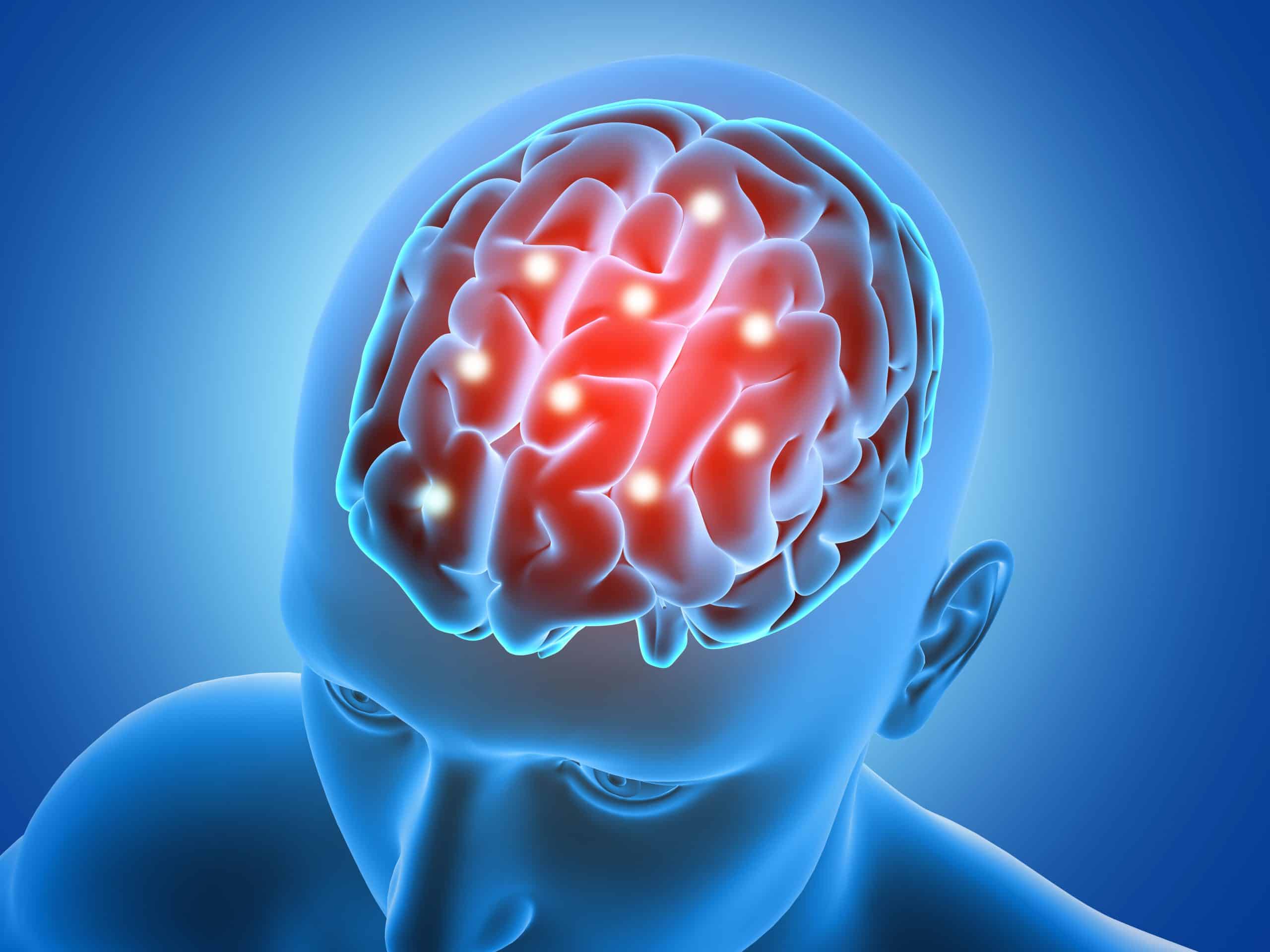 3d medical background with male figure with brain parts highlighted scaled